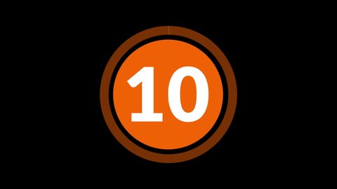 Orange Circle 10 Second Countdown on Black Background. Ten Second Countdown Timer from 10 to 0 Seconds. 4K Ultra HD Video Motion Graphic Animation.