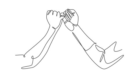 Animation of one line drawing of two hands hook each other their little fingers. Friendship in continuous line self drawing illustration. Promise concept animated illustration. Full length motion.