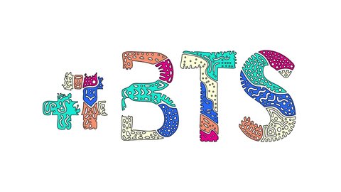 Hashtag #BTS. Animated text isolated on White background, 4K video. Colored funny doodle letters, unique style. Trendy popular Hashtag BTS for social network media, title video intro.