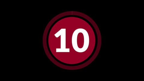 Crimson Circle 10 Second Countdown on Black Background. Ten Second Countdown Timer from 10 to 0 Seconds. 4K Ultra HD Video Motion Graphic Animation.