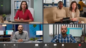 Employee talking on video call with diverse colleagues, multiracial coworkers employees have webcam conference using modern app, engaged in web online briefing, footage with software overlay