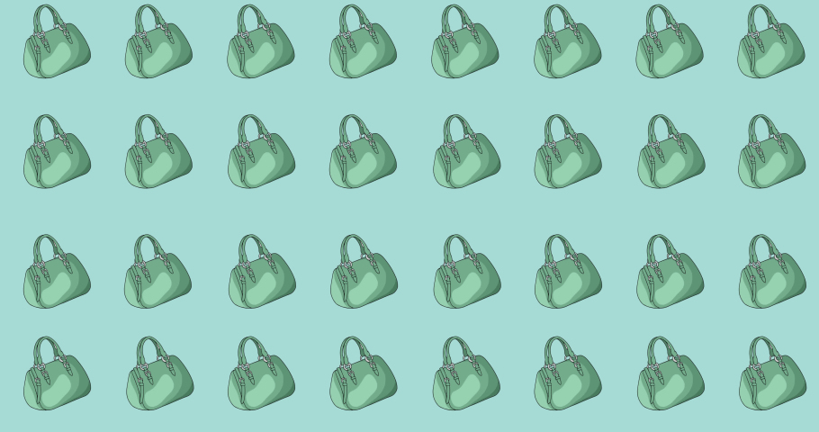 Animation of green bag repeated on green backgroud. fashion and accessories background pattern concept digital animation.