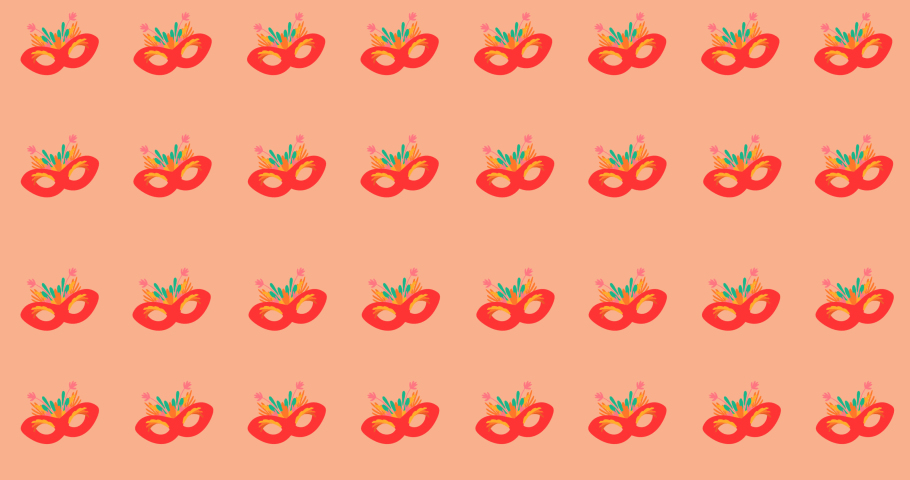 Animation of carnival mask repeated on orange backgroud. fashion and accessories background pattern concept digital animation.