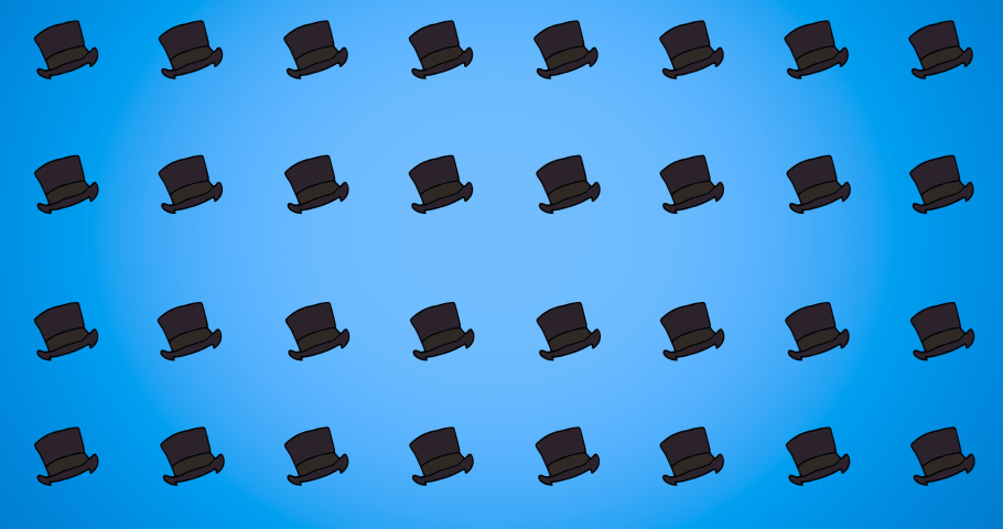 Animation of black hat repeated on blue backgroud. fashion and accessories background pattern concept digital animation.
