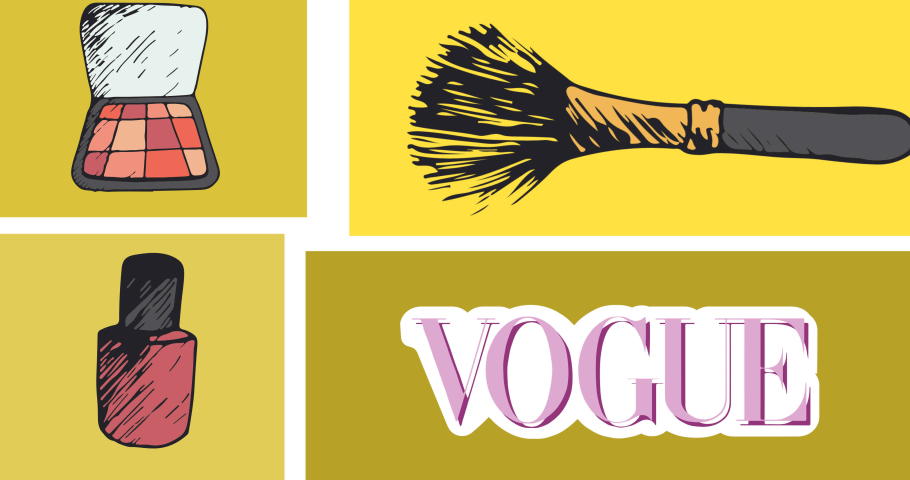 Animation of eyeshadow palette make-up brush nail polish and vogue text on yellow backgroud. fashion and beuty accessories background pattern concept digital animation.