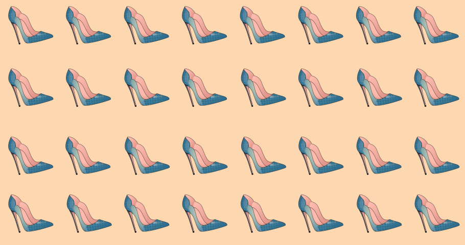 Animation of blue high heels repeated on orange backgroud. fashion and accessories background pattern concept digital animation.