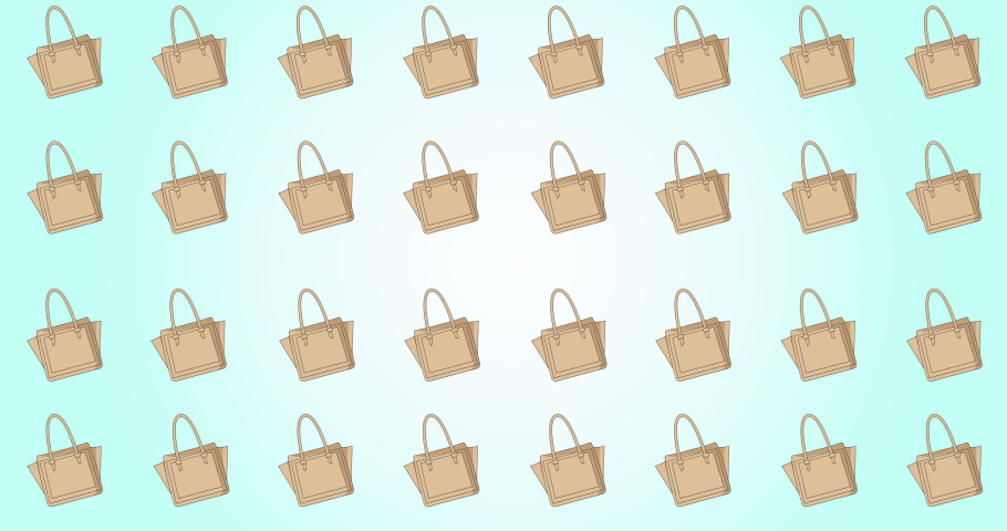 Animation of brown bag repeated on green backgroud. fashion and accessories background pattern concept digital animation.