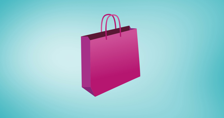 Animation of pink shopping bag repeated on blue backgroud. fashion and accessories background pattern concept digital animation.