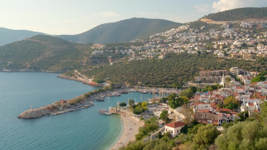 Small beach and harbor in Kankan resort town in Antalya province, Turkey. Travel destination in Turkey 