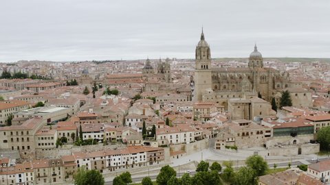The Famous Salamanca Cathedral At Plaza de Anaya In The City Of Salamanca, Spain. aerial