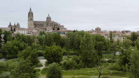 Distant View Of The Salamanca Cathedral From The Viewpoint Of Tormes River In Salamanca, Spain. aerial