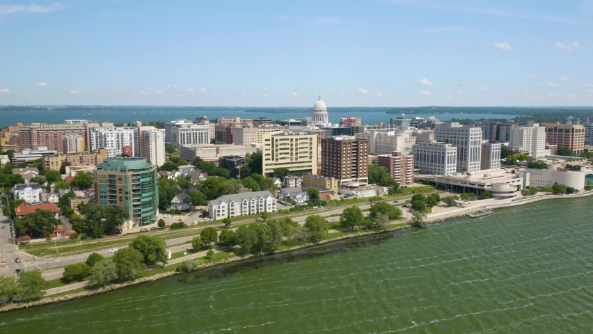 Aerial Establishing Shot of Madison, Wisconsin - Summer Day.