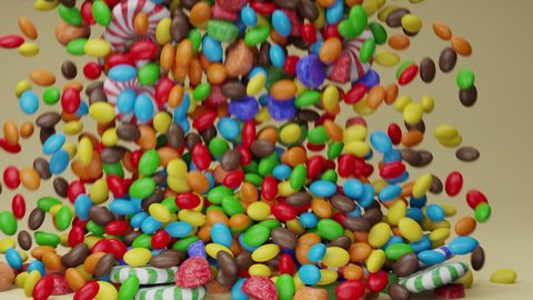 Candy beans or peanuts, multicoloured lollipop sugar sweets are falling down. Chocolate candies filling all the area. Close up video. Holiday mood. Tasty assorted  sweets. 3D Render. 4K animation