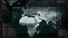 Computer search in progress. Checking military conflicts around the globe. Scanning the world map for a particular object. Detecting activity in Cairo, Africa. Initializing alpha protocol. UI. - Powered by Shutterstock - Get 15% off with code: PIKWIZARD15