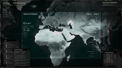 Computer search in progress. Checking military conflicts around the globe. Scanning the world map for a particular object. Detecting activity in Cairo, Africa. Initializing alpha protocol. UI.