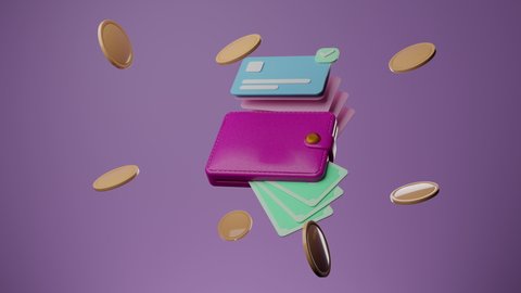 Credit card and banknotes, floating coins around on purple background. money-saving, cashless society concept. 3d render