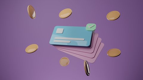 Credit card, floating coins around on purple background. money-saving, cashless society concept. 3d render