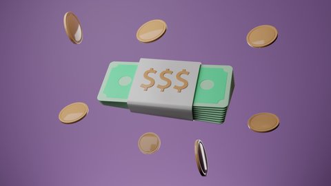 Bundles cash and floating coins around on purple background. money-saving, cashless society concept. 3d render