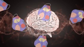 Animation of covid 19 cells with face masks over human brain and dna strand spinning. global covid 19 pandemic concept digitally generated video. - Powered by Shutterstock - Get 15% off with code: PIKWIZARD15