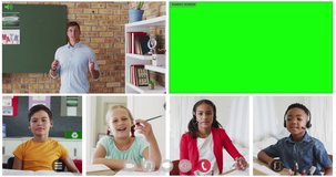 Animation of green screen and video screens of diverse teacher and four children in online lesson. global communication technology and online education concept, digitally generated video.
