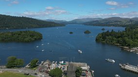 4K:  Drone Aerial Clip of Lake Windermere in the English Lake District, Cumbria, UK. Approach shot in Summer with Blue Sky. Stock Video Clip Footage