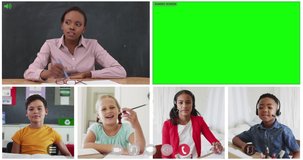 Animation of six screens of diverse children, teacher and green screen during online school lesson. global communication technology and online education concept, digitally generated video.