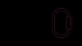 Glowing neon line Carabiner icon isolated on black background. Extreme sport. Sport equipment. 4K Video motion graphic animation.