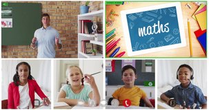 Animation of six screens of diverse children, teacher and maths text during online school lesson. global communication technology and online education concept, digitally generated video.