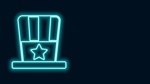 Glowing neon line Patriotic American top hat icon isolated on black background. Uncle Sam hat. American hat independence day. 4K Video motion graphic animation.