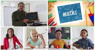 Animation of six screens of diverse children, teacher and maths text during online school lesson. global communication technology and online education concept, digitally generated video.