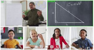 Animation of six screens of diverse children, teacher and chalkboard during online maths lesson. global communication technology and online education concept, digitally generated video.