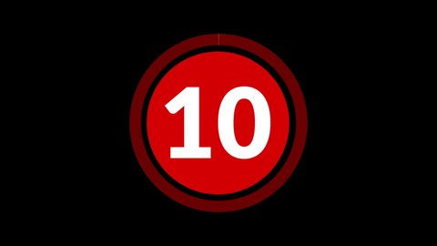 Red Circle 10 Second Countdown on Black Background. Ten Second Countdown Timer from 10 to 0 Seconds. 4K Ultra HD Video Motion Graphic Animation.