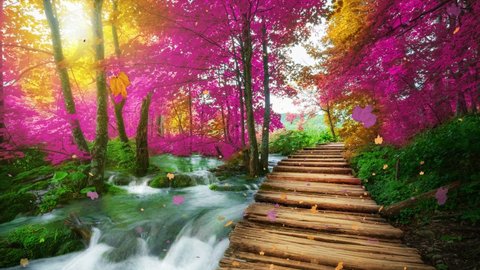 Seamless Loop Cinemagraph video of wooden path in Plitvice Lake, Croatia fantasy foliage color . Tranquil nature scenery for relaxation background .