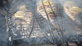 Closeup of cooking dorada fish. Baking and roasting marinated fish on barbecue grill. Dorada with lemon grilled over charcoal. UHD 4K video