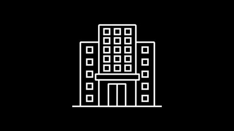 White Line Office Building Icon Isolated on Black Background. 4K Ultra HD Video Motion Graphic Animation