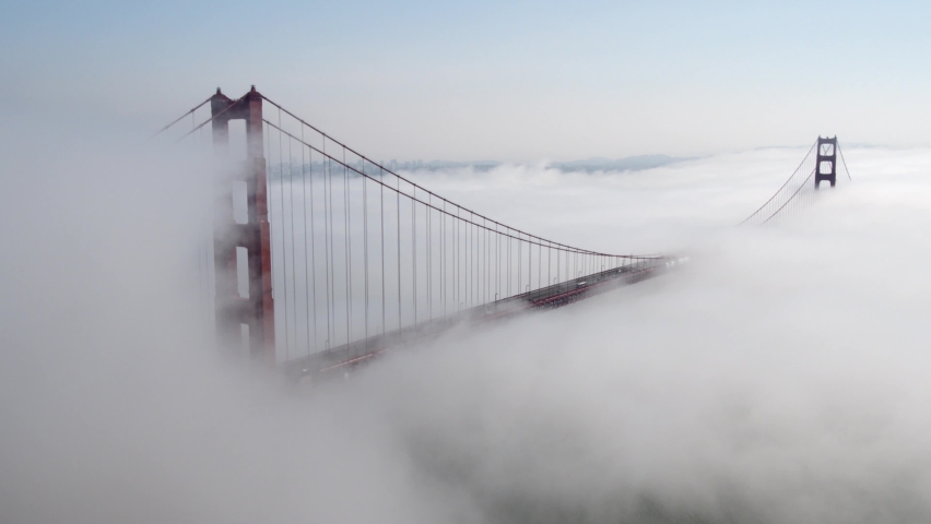 Cinematic Aerial drone footage of heavy fog blowing past the Golden Gate Bridge in San Francisco, California, USA Royalty-Free Stock Footage #1076280377