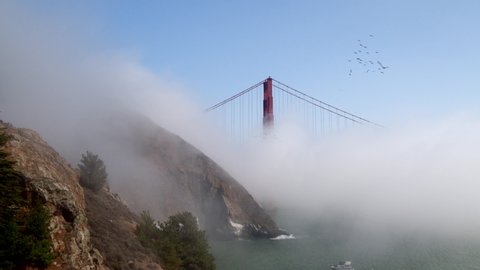 Cinematic Aerial drone footage of heavy fog blowing past the Golden Gate Bridge in San Francisco, California, USA