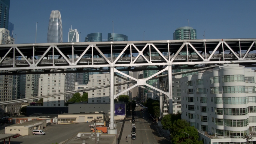 Cinematic Aerial drone footage of the Bay Bridge connecting San Francisco and Oakland California, USA