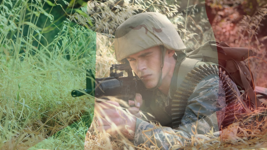 Digital composition of waving italy flag against soldier training with a gun at training camp. soldier army and patriotism concept