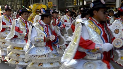 Buenos Aires , Buenos Aires , Argentina - 10 15 2011: Bolivian musicians and dancers take part in the Virgin of Copacabana parade in Buenos Aires.