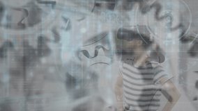 Animation of cogs spinning over woman wearing vr headset. global digital interface, technology and connections concept digitally generated video. - Powered by Shutterstock - Get 15% off with code: PIKWIZARD15