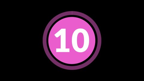 Pink Circle 10 Second Countdown on Black Background. Ten Second Countdown Timer from 10 to 0 Seconds. 4K Ultra HD Video Motion Graphic Animation.