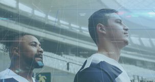Animation of statistics and data processing over rugby player in sports stadium. global sports, competition and data processing concept digitally generated video.