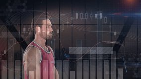 Animation of data processing and statistics over strong man exercising. global sports, fitness and data processing concept digitally generated video.