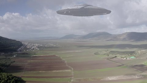 ufo's Armada fleet heading toward mother ship,aerial view 
Flying saucer over Canyon, Golan Heights Israel, Alien concept
