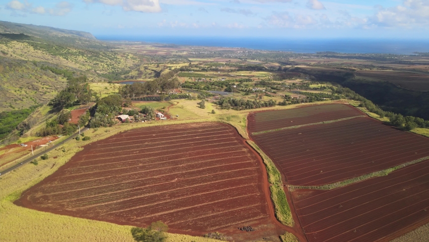 drone aerial view from above. Farm land and valleys in on oahu hawaii