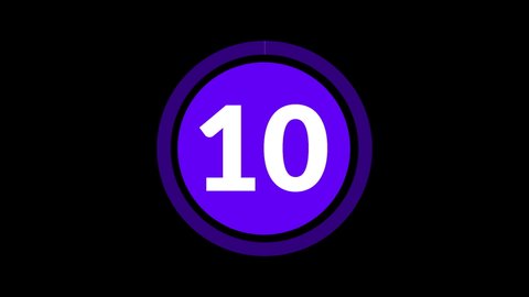 Indigo Circle 10 Second Countdown on Black Background. Ten Second Countdown Timer from 10 to 0 Seconds. 4K Ultra HD Video Motion Graphic Animation.