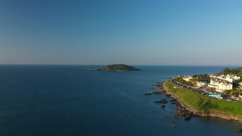4K: Aerial Drone Video flying towards Looe Island (st. George's) in Cornwall, England, UK. Morning in Summer Stock Video Clip Footage