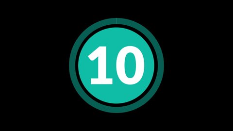 Teal Circle 10 Second Countdown on Black Background. Ten Second Countdown Timer from 10 to 0 Seconds. 4K Ultra HD Video Motion Graphic Animation.