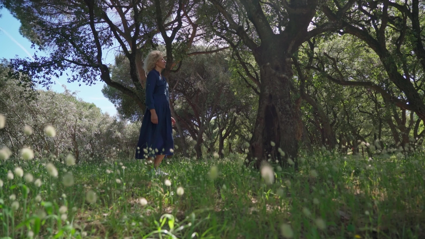 A European woman, middle-aged in a dress, walks on a prak with tall grass. With a philosophical romantic mood. Slow motion